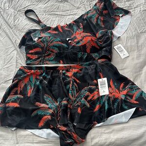 torrid Black Swim Set with Red & Teal Palm Print